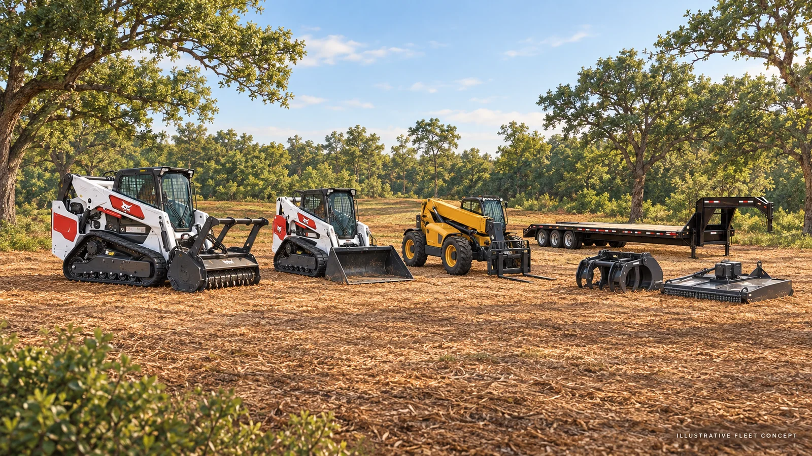 Illustrative fleet scene on freshly mulched land, showing two tracked loaders, a representative compact telehandler, trailer, grapple and brush cutter
